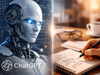 Visualisierung der Grenzen von KI im Management: ChatGPT und Gemini stehen für digitale Informationsverarbeitung, die schreibende Hand für menschliche Erfahrung, Urteilskraft und echte Erkenntnis. llustration zu den Grenzen von KI und Google: humanoider Roboter mit dezenten ChatGPT- und Gemini-Logos auf der linken Seite, menschliche Hand mit Notizbuch auf der rechten Seite